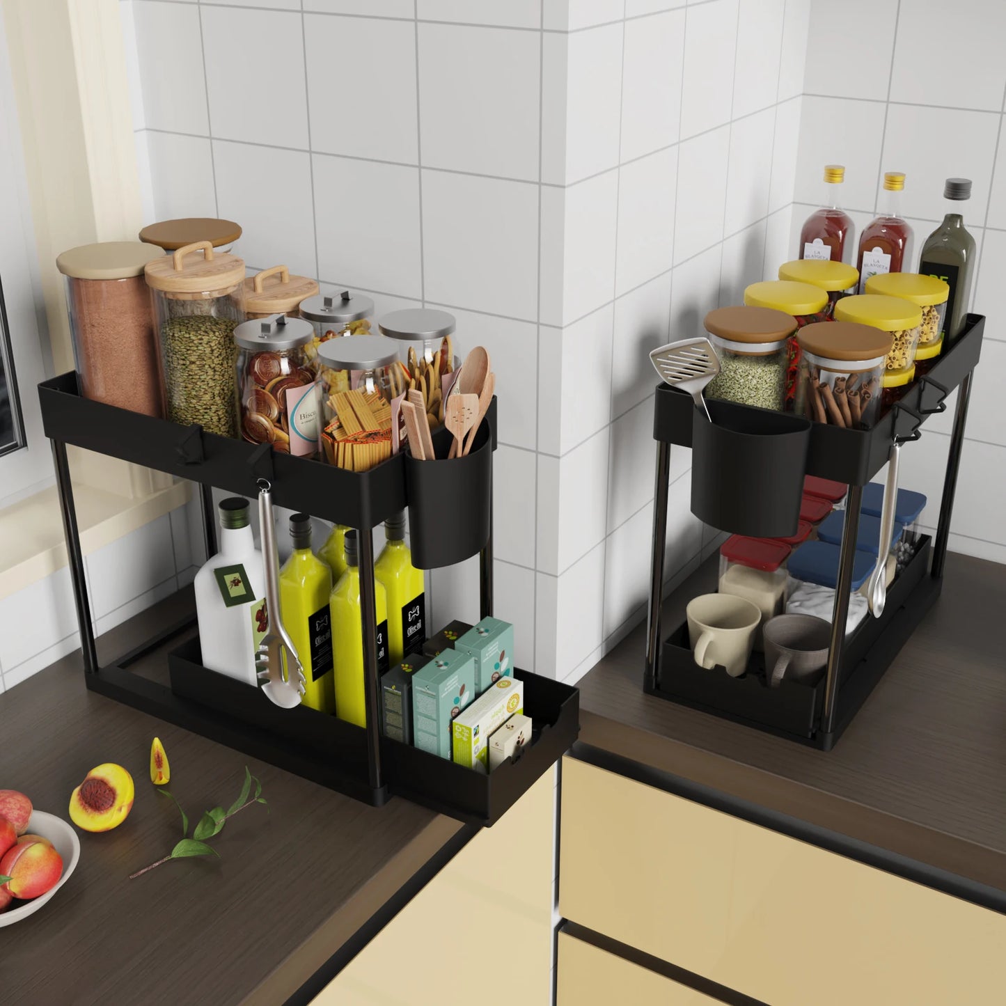 2Pcs 2-Tier Sliding Cabinet Organizer, Pull-Out Under Sink Rack, Double-Layer Storage Shelf for Kitchen & Bathroom