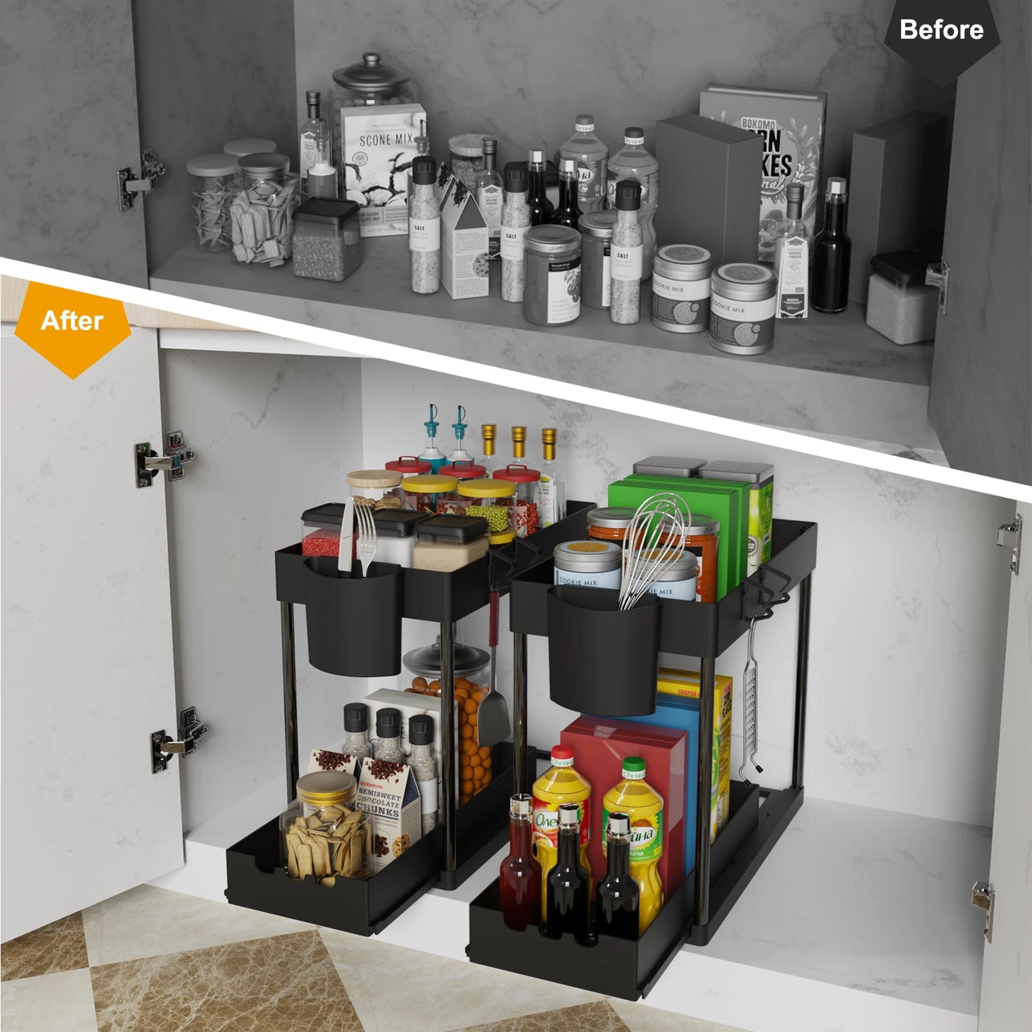 2Pcs 2-Tier Sliding Cabinet Organizer, Pull-Out Under Sink Rack, Double-Layer Storage Shelf for Kitchen & Bathroom