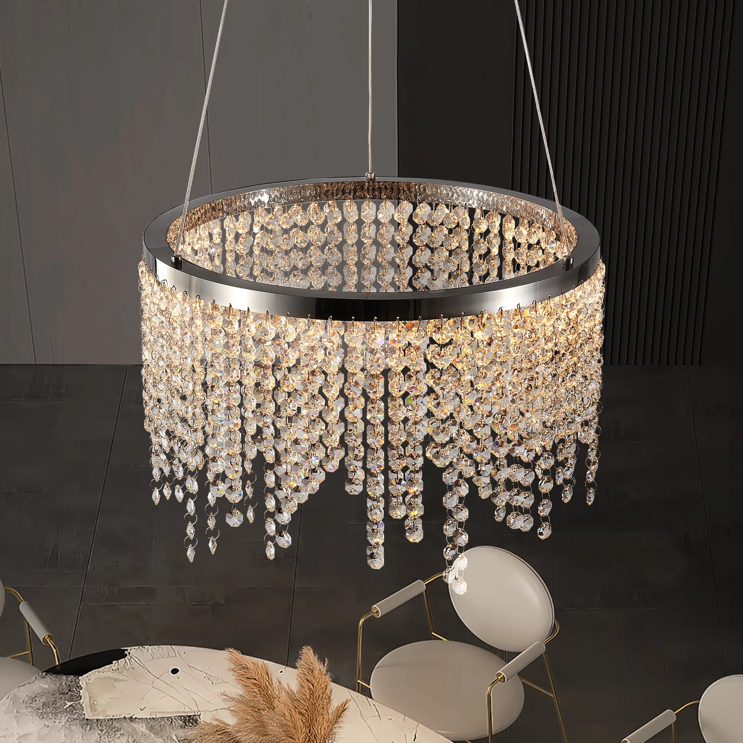 16-inch Luxury Crystal Led Chandelier - Dimmable - Adjustable Height and Color Temperature (3000K-6000K) - Modern Chandelier for Living Room, Dining Room and Bedroom