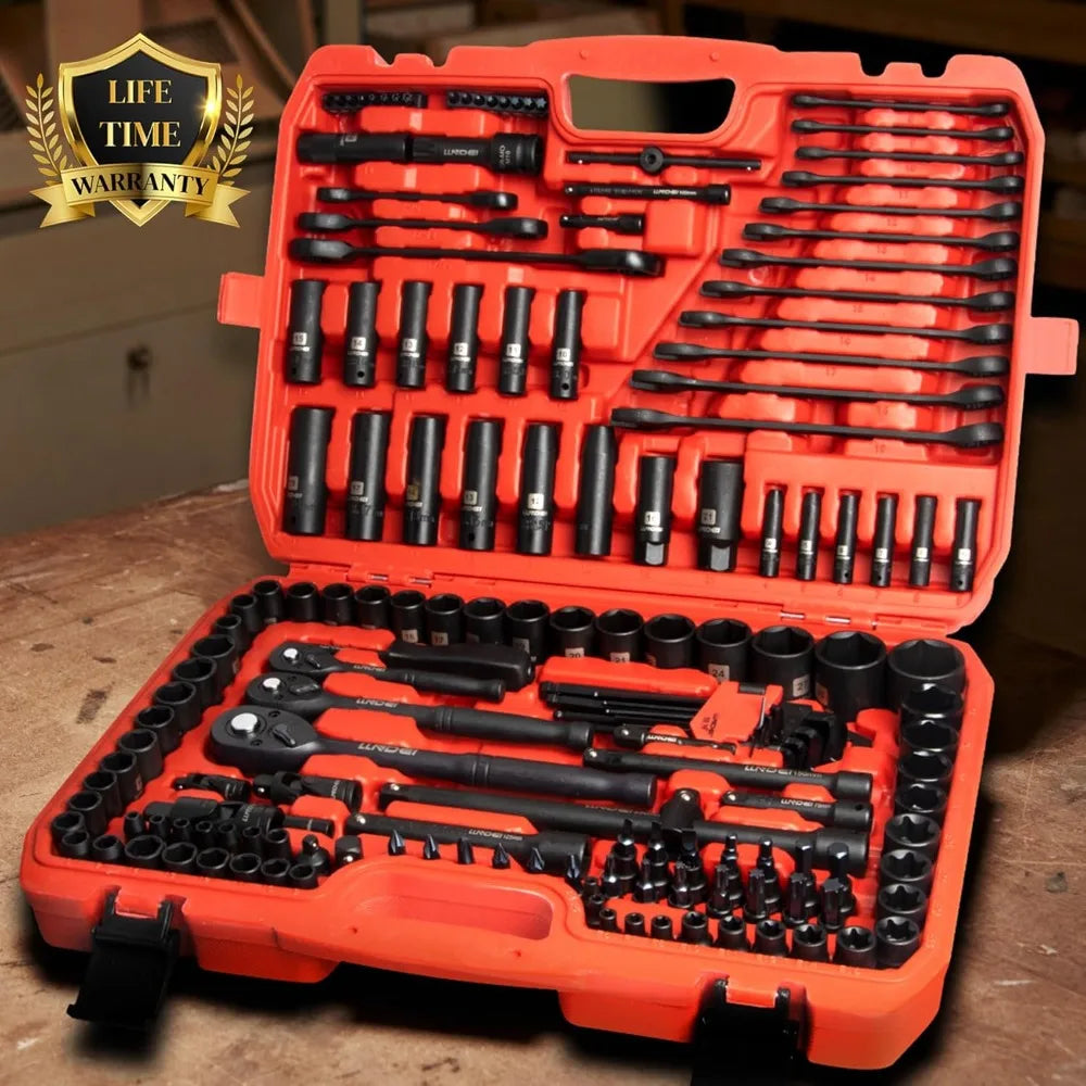 160-Piece Mechanics Tool Set, Metric Socket Set 1/2 1/4 3/8 Inch Drive Professional Tool Kit, CR-V Deep & Shallow Kit