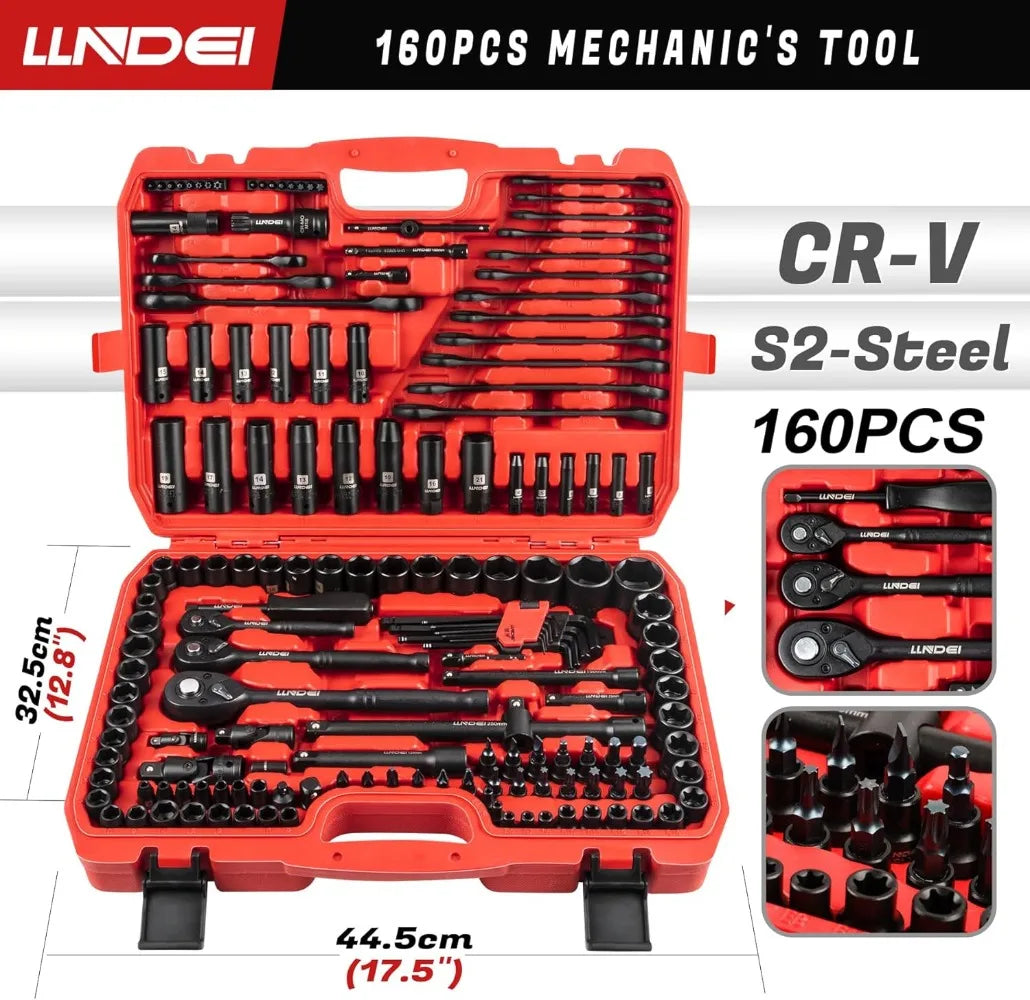 160-Piece Mechanics Tool Set, Metric Socket Set 1/2 1/4 3/8 Inch Drive Professional Tool Kit, CR-V Deep & Shallow Kit
