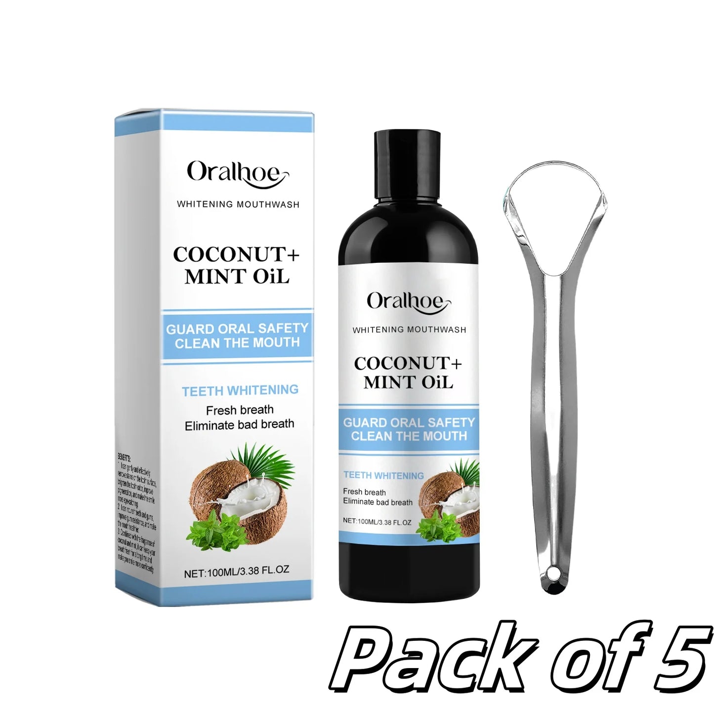 5pcs Coconut Mint Oil Mouthwash Alcohol-Free Teeth Whitening Fresh Breath Tongue Scraper Set Whitening Tools Oral Care