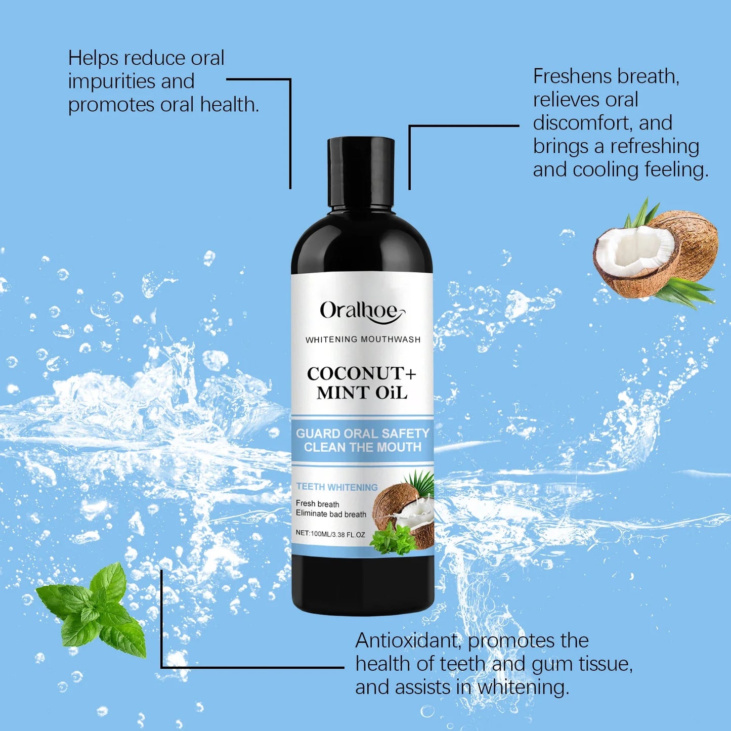 5pcs Coconut Mint Oil Mouthwash Alcohol-Free Teeth Whitening Fresh Breath Tongue Scraper Set Whitening Tools Oral Care