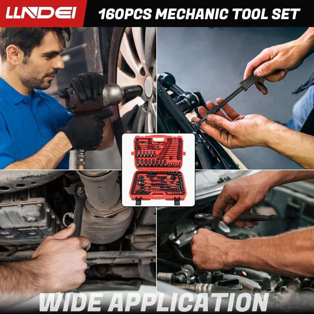 160-Piece Mechanics Tool Set, Metric Socket Set 1/2 1/4 3/8 Inch Drive Professional Tool Kit, CR-V Deep & Shallow Kit