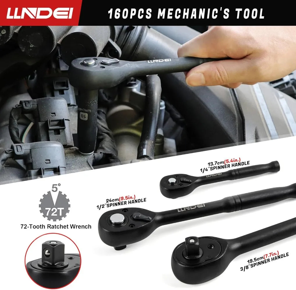 160-Piece Mechanics Tool Set, Metric Socket Set 1/2 1/4 3/8 Inch Drive Professional Tool Kit, CR-V Deep & Shallow Kit