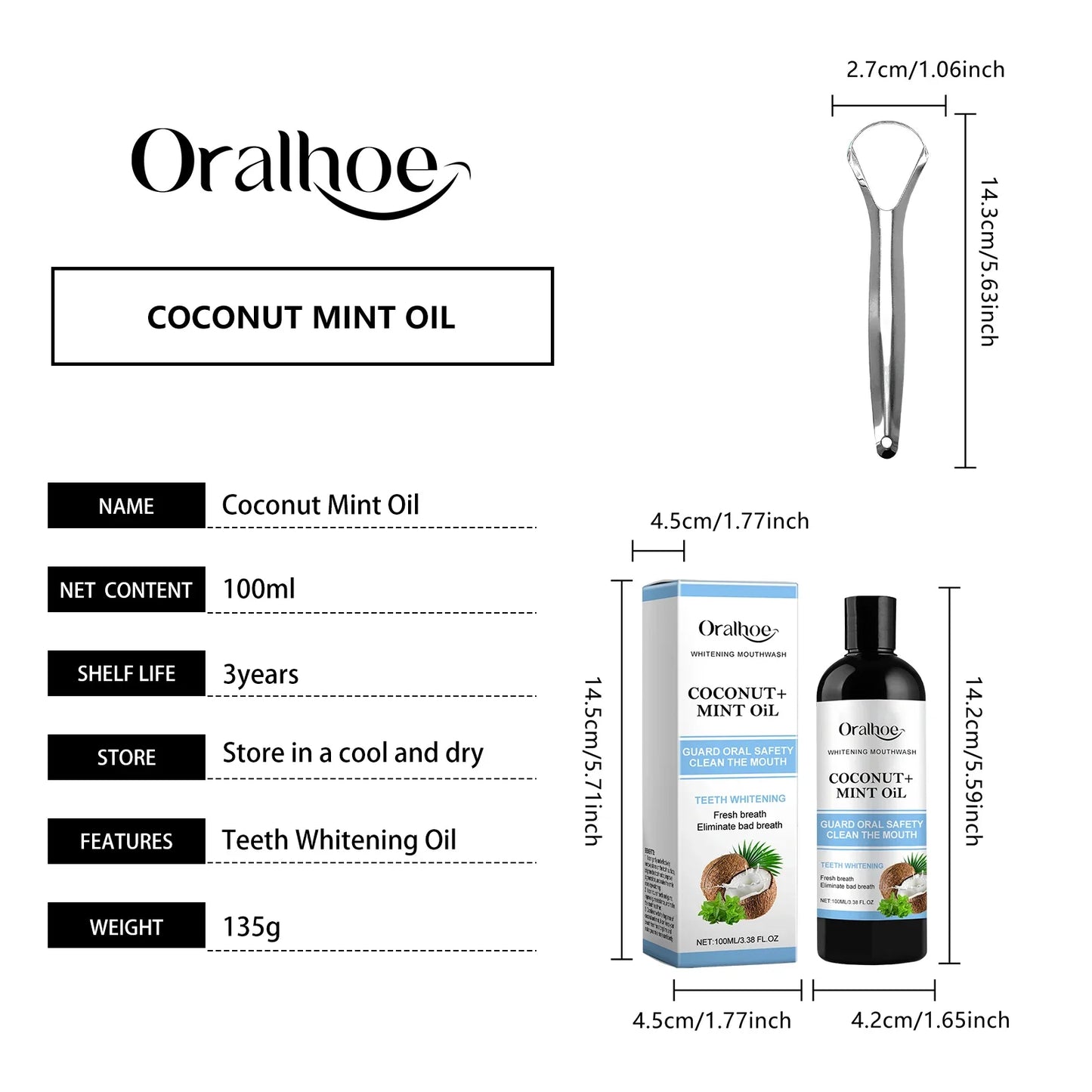 5pcs Coconut Mint Oil Mouthwash Alcohol-Free Teeth Whitening Fresh Breath Tongue Scraper Set Whitening Tools Oral Care