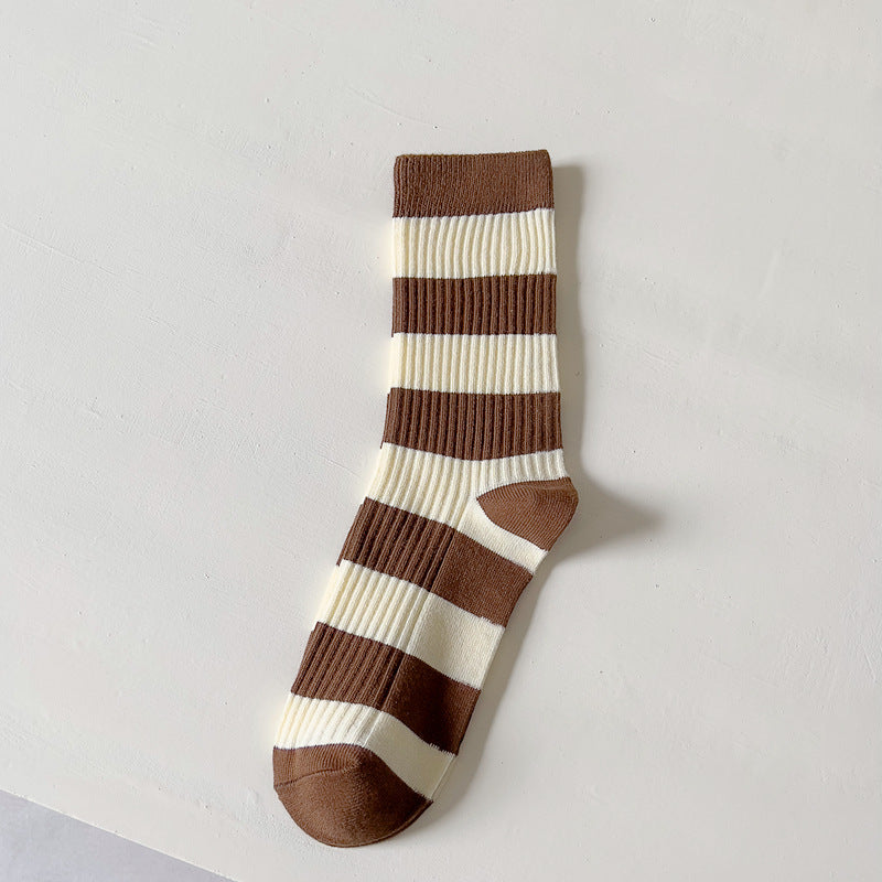 Female Coffee Color Series Japanese-style Retro Double Needle Cotton Mid-calf Length Socks