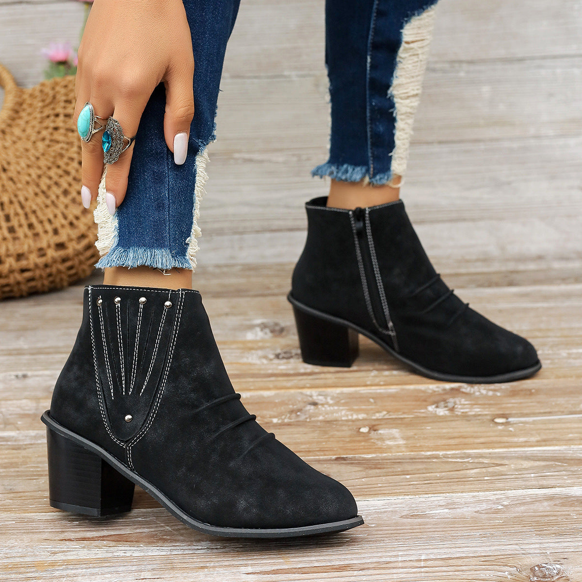 Side Zipper Code Chunky Heel High Heel Short Boots