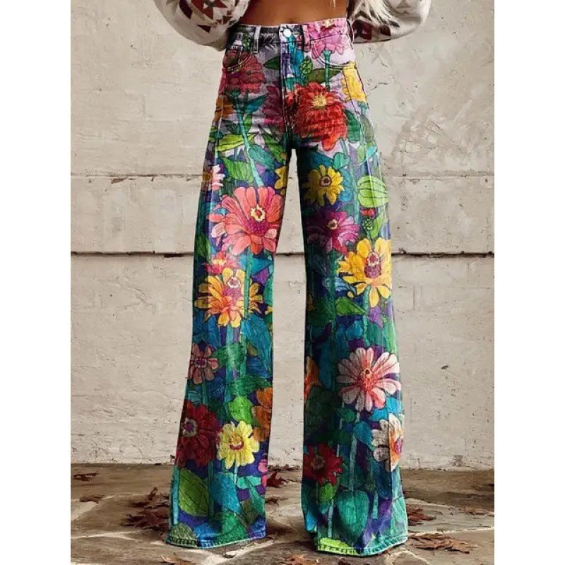 Fashion Women's Printed High Waist Loose Thin Imitation Denim Wide Leg Pants