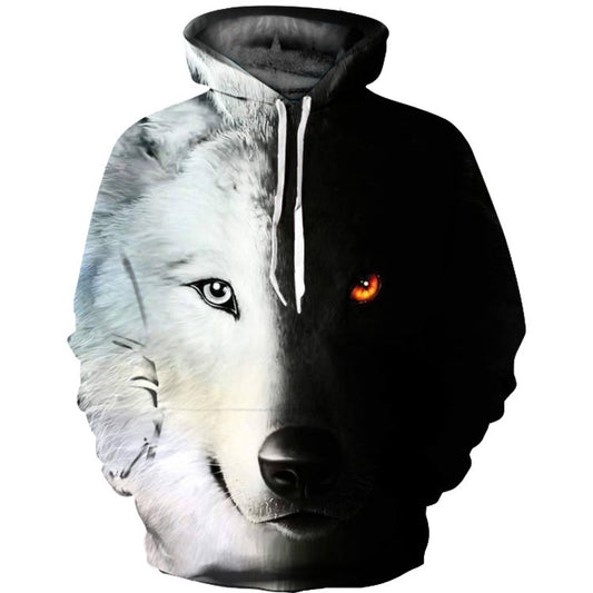 Digital Printing A Cool Wolf Hooded 3D Long-sleeved Sweater Trend