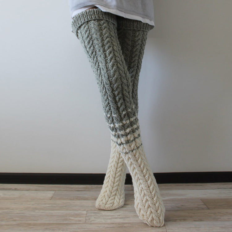 Twist Weave Woolen Yarn Socks Color Matching Overknee Long Boot Warm Keeping Floor Loose Socks