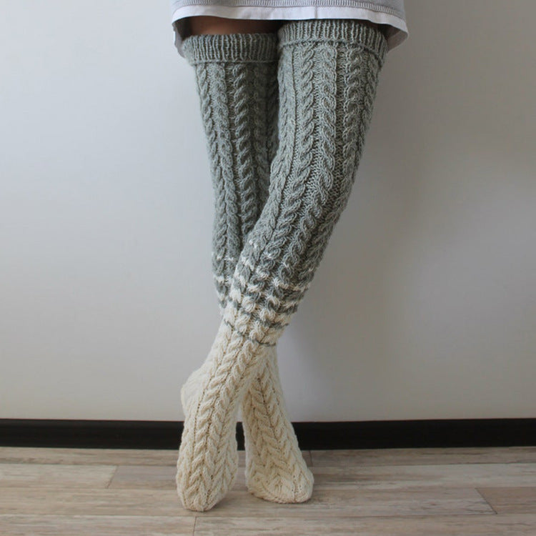 Twist Weave Woolen Yarn Socks Color Matching Overknee Long Boot Warm Keeping Floor Loose Socks