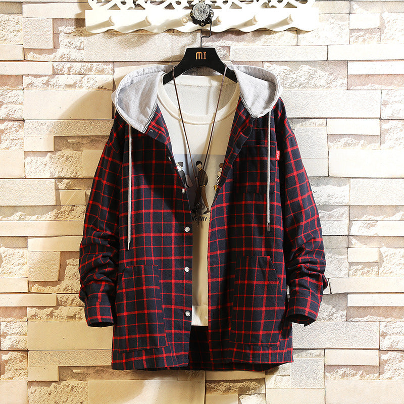 New Men's Fashion Japanese Plaid Hooded Long Sleeve Shirt Youth Casual Loose Shirt