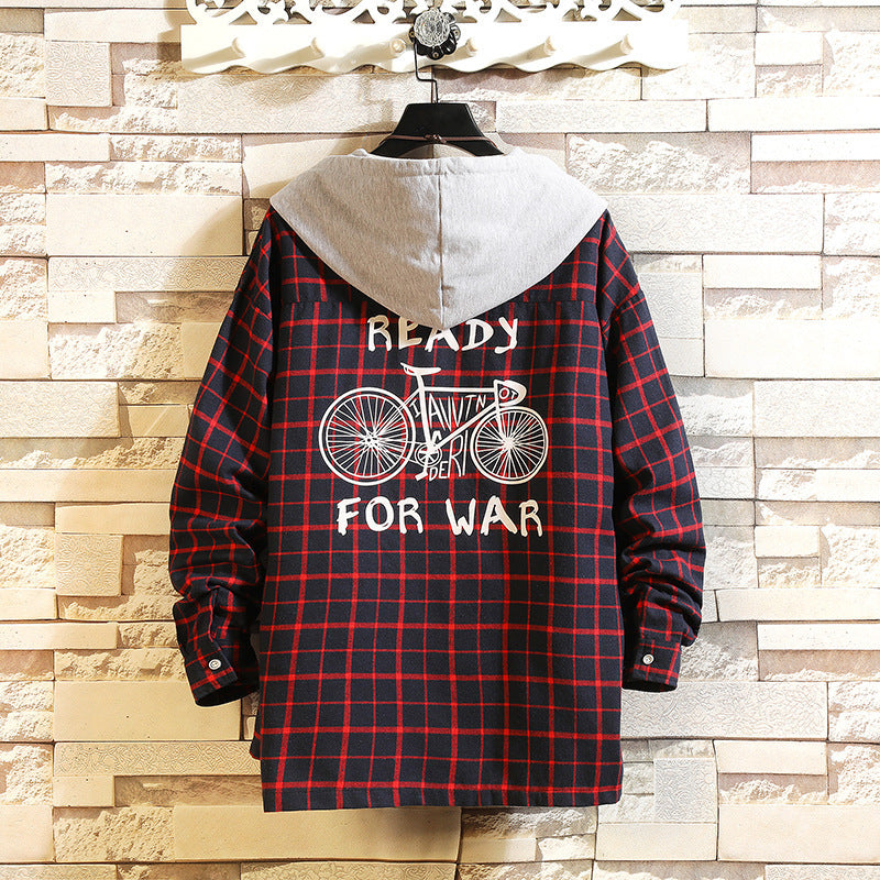 New Men's Fashion Japanese Plaid Hooded Long Sleeve Shirt Youth Casual Loose Shirt