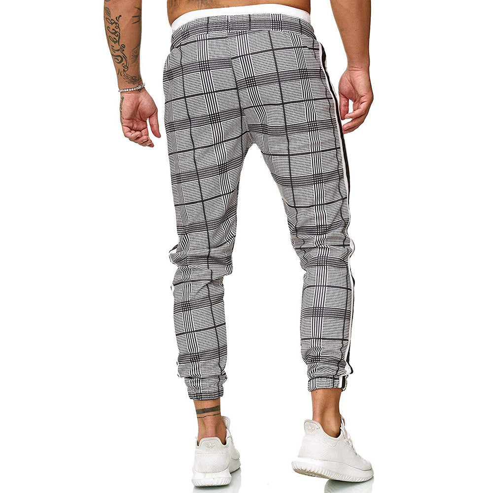 Men's Fashion Webbing Stitching Plaid Drawstring Casual Trousers