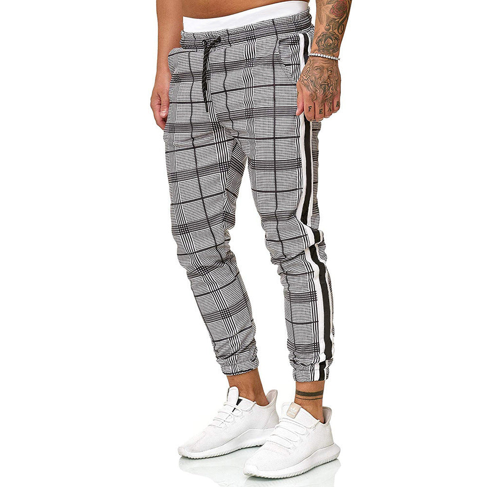 Men's Fashion Webbing Stitching Plaid Drawstring Casual Trousers