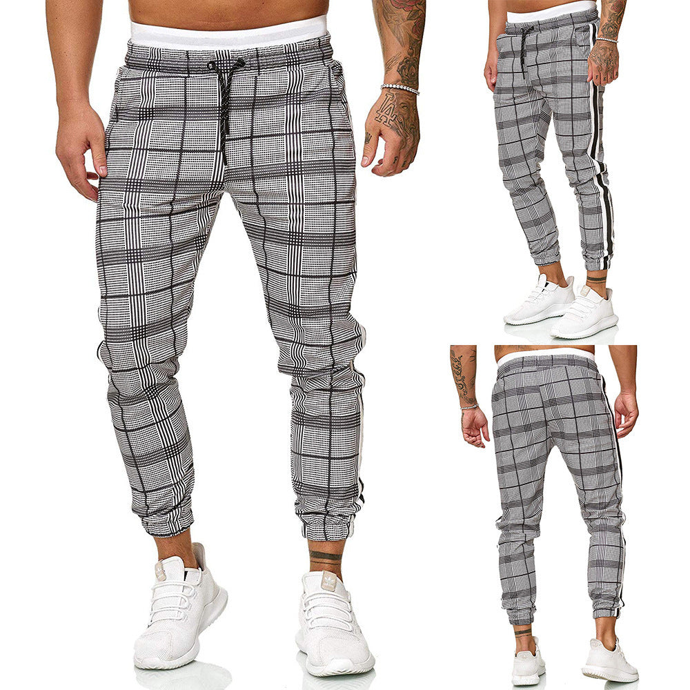 Men's Fashion Webbing Stitching Plaid Drawstring Casual Trousers