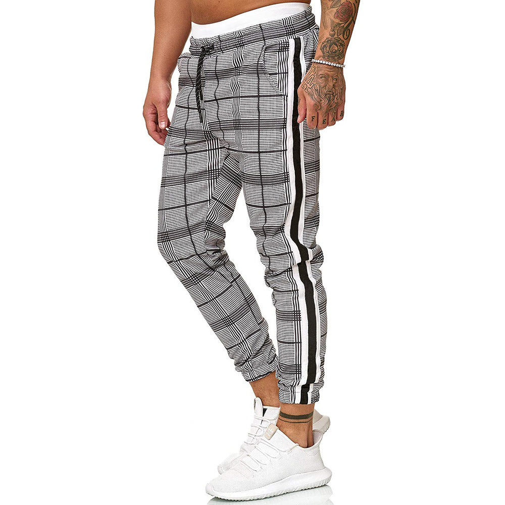 Men's Fashion Webbing Stitching Plaid Drawstring Casual Trousers