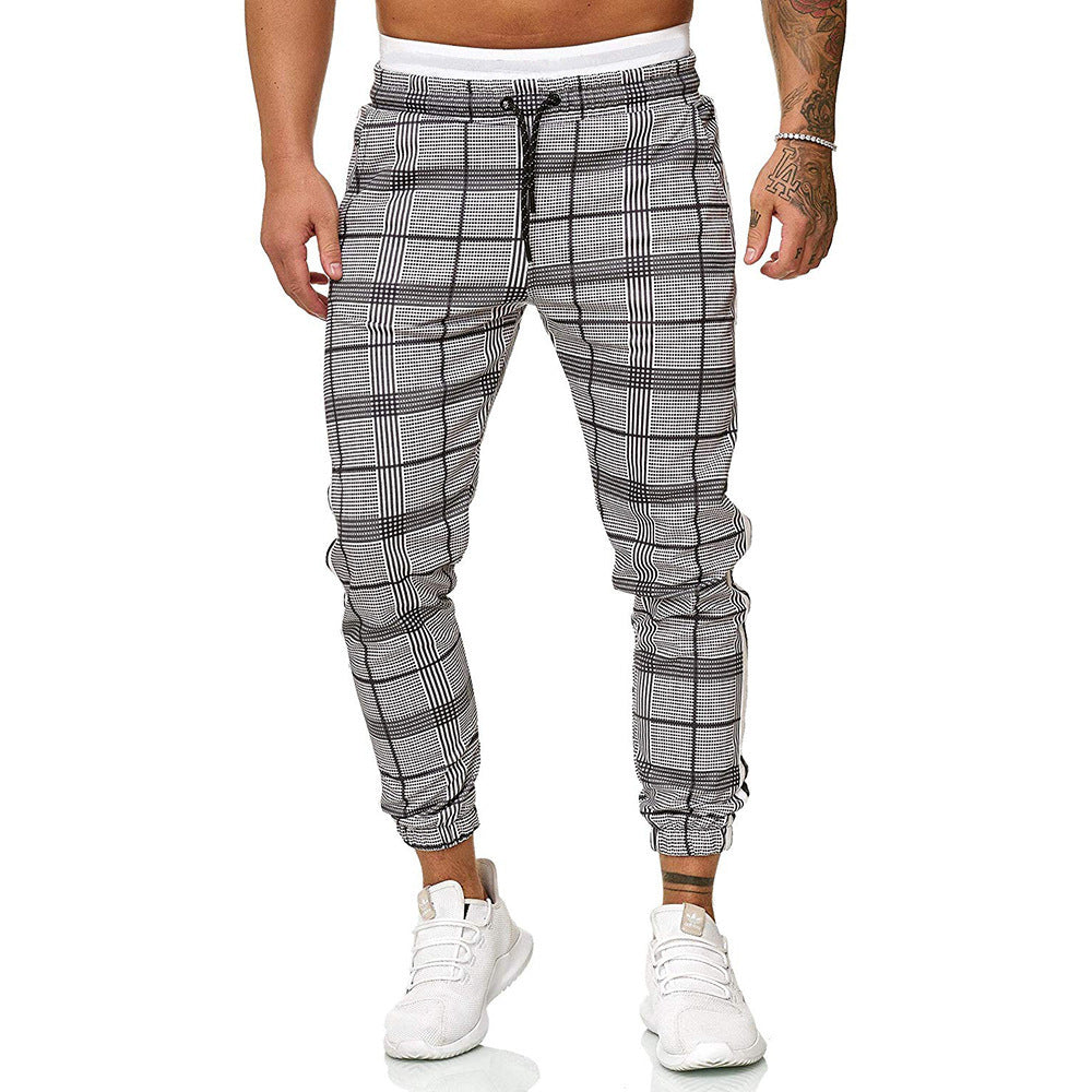 Men's Fashion Webbing Stitching Plaid Drawstring Casual Trousers