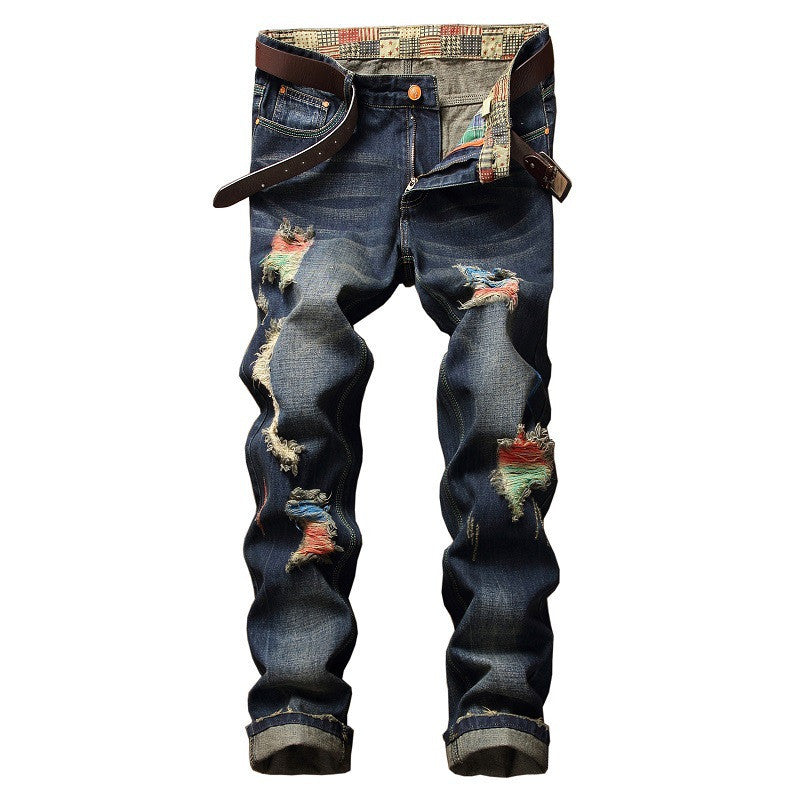 Personalized Brushed Jeans Men's Ripped Straight-leg Jeans