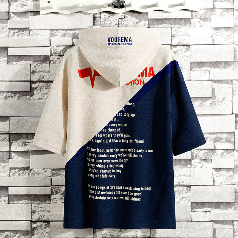 Summer New Men's Short Sleeved T Shirt With Hooded Loose Stitching Casual Top