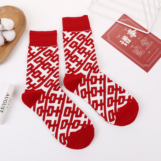 Autumn And Winter Big Red Double Happy Character Printed Stockings