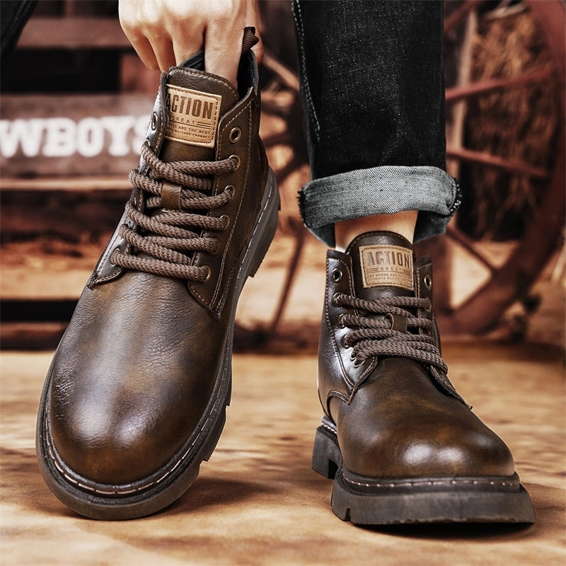 Men's High-top Retro Side Zipper Motorcycle Leather Boots