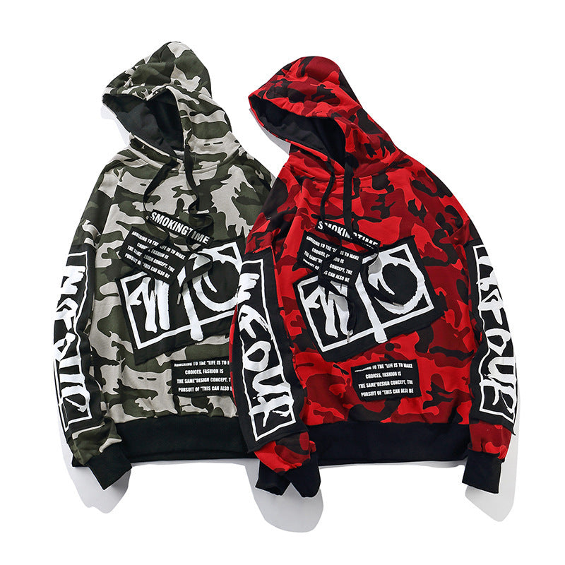 Men's Tide brand new patch hooded autumn camouflage loose sweater high street men's wild hip hop hood sweater