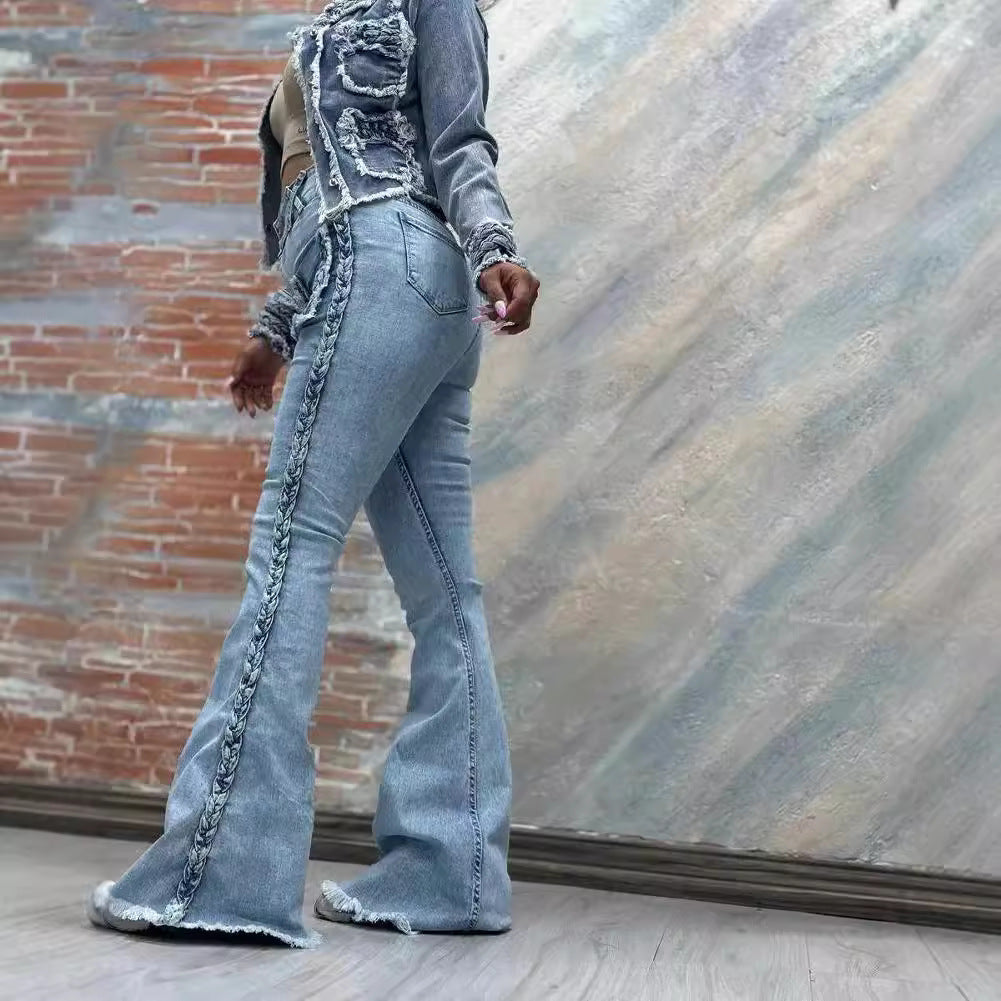 High Waist All-matching Twist Elastic Denim Bell-bottom Pants