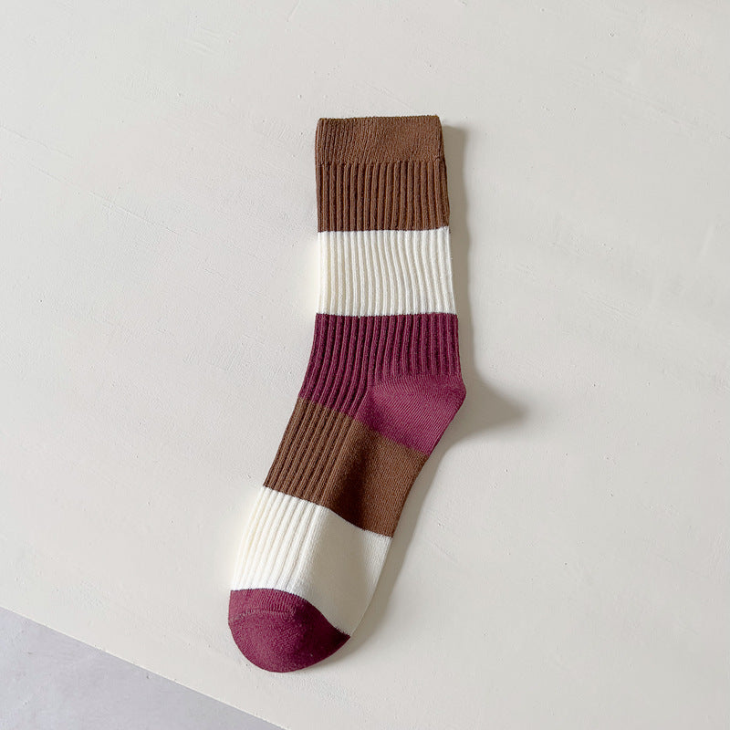 Female Coffee Color Series Japanese-style Retro Double Needle Cotton Mid-calf Length Socks