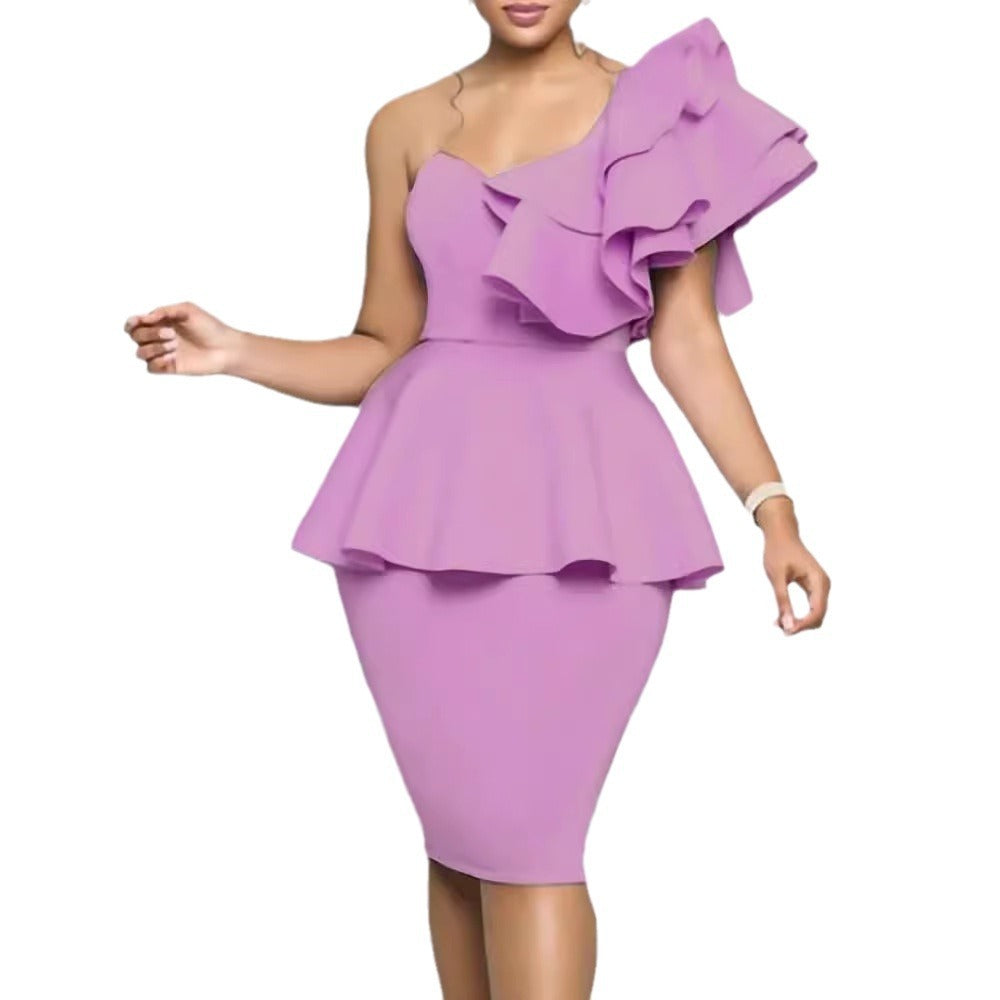 Fashion Hip Ruffled Slant Shoulder Party Evening Dress Dress