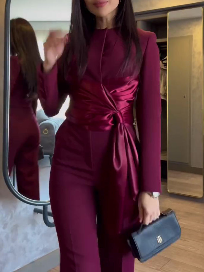 Burgundy Satin Strappy Top & High-waisted Pants Set