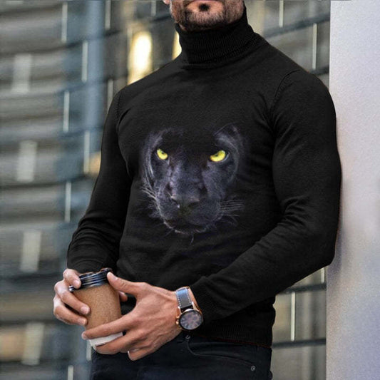 Autumn Winter Men's Long Sleeve Turtleneck T Shirt Printed Casual Top