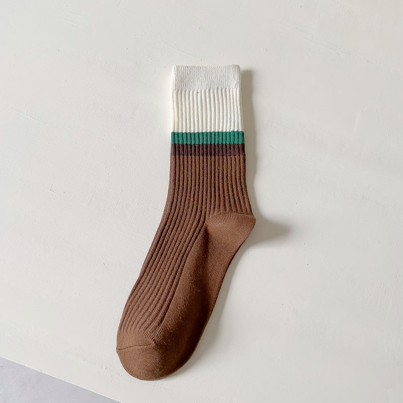 Female Coffee Color Series Japanese-style Retro Double Needle Cotton Mid-calf Length Socks