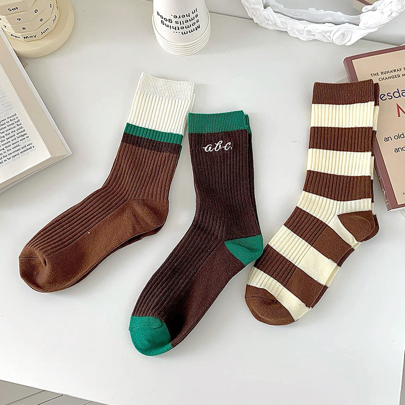 Female Coffee Color Series Japanese-style Retro Double Needle Cotton Mid-calf Length Socks