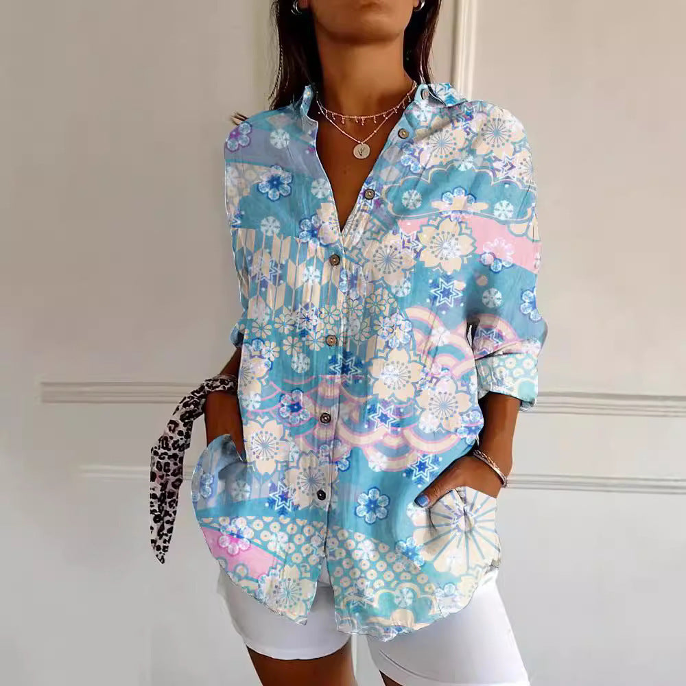 New Women's Summer Long-sleeve Printed 3D Floral Top