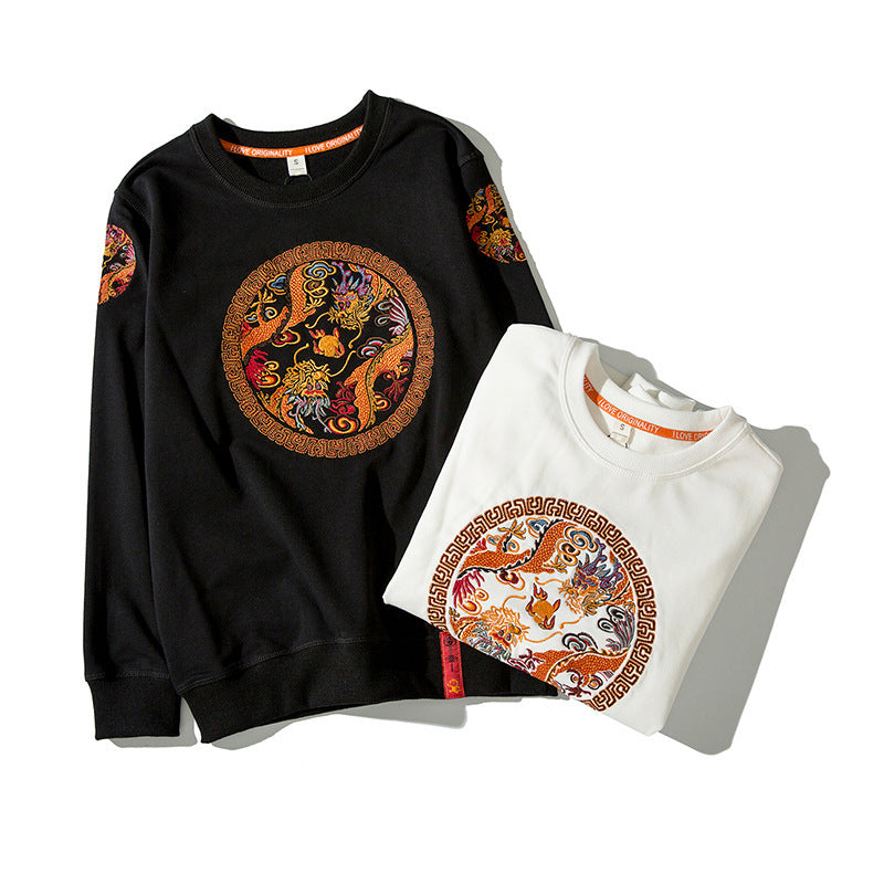 Chinese style dragon robe embroidery round neck thin sweater