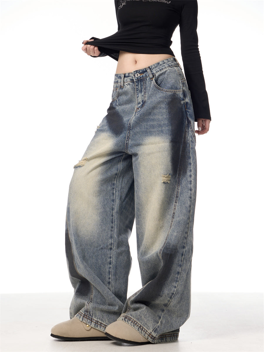 Splash Ink Ripped Machete Jeans For Women Loose-fitting Wide-leg Trousers