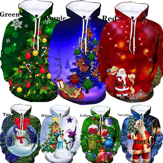 Christmas 3D Digital Print Casual Loose Fit Hooded Pullover Sweatshirt