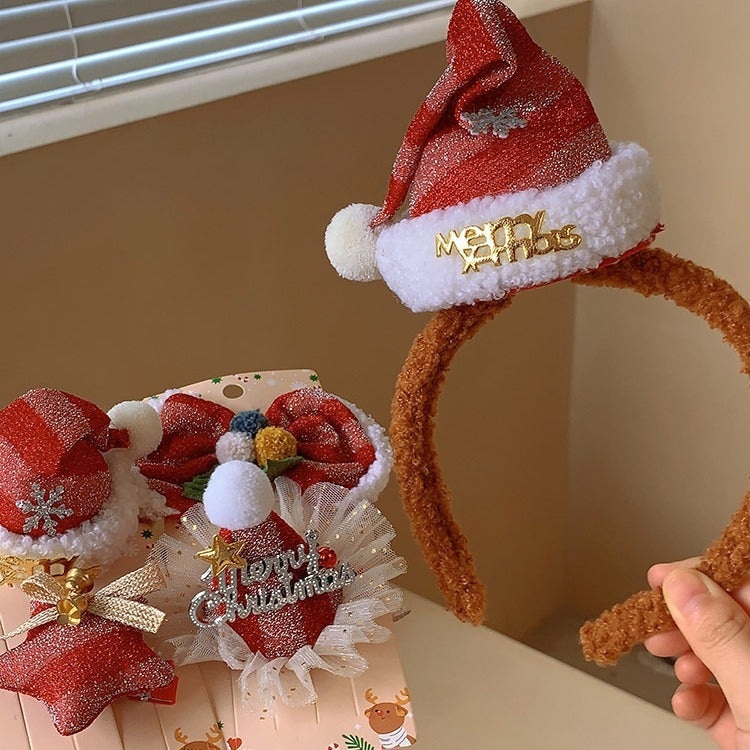 Cute Christmas Red Hat Headband Female Plush Bow Barrettes