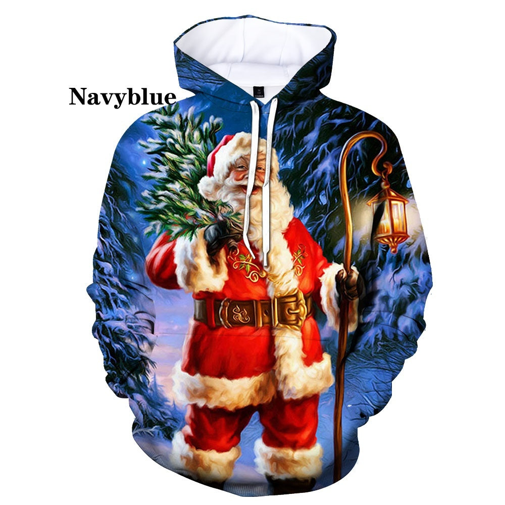 Christmas 3D Digital Print Casual Loose Fit Hooded Pullover Sweatshirt