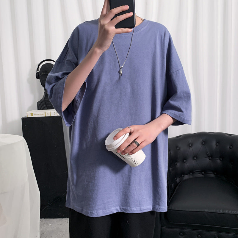 Hong Kong Style Solid Color Short-sleeved T-shirt Men's Simple Round Neck