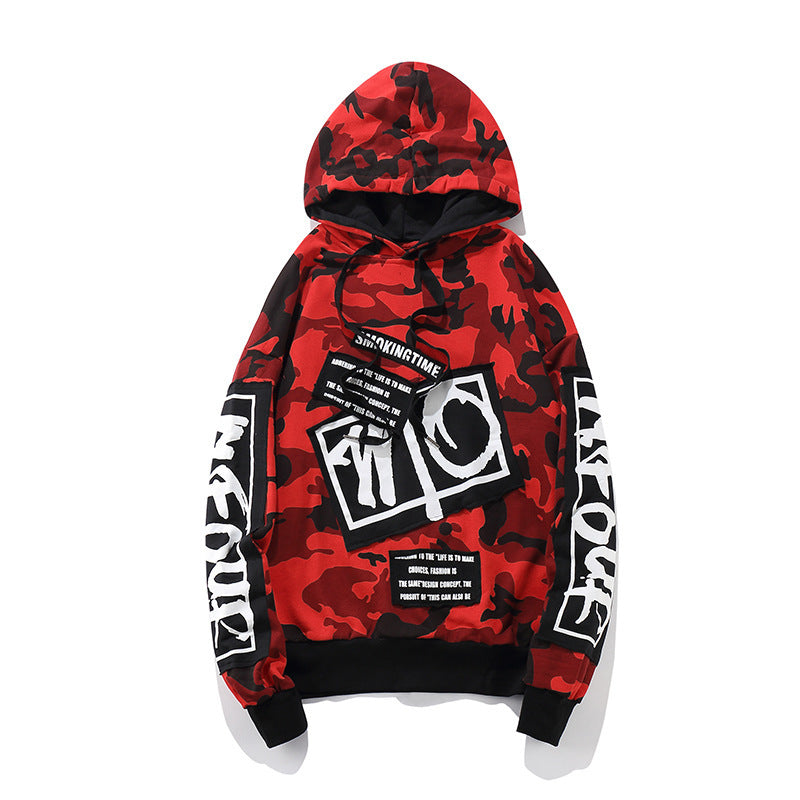 Men's Tide brand new patch hooded autumn camouflage loose sweater high street men's wild hip hop hood sweater