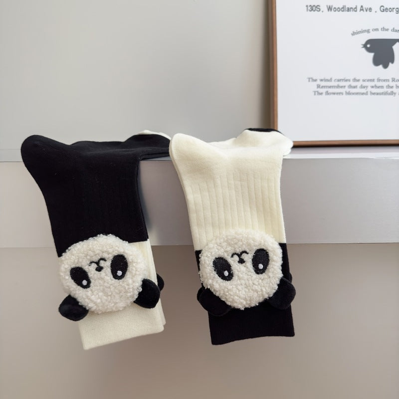 Black And White Three-dimensional Panda Pure Cotton Mid-calf Length Socks