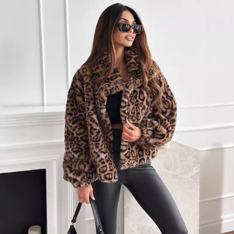 Fashion Personality New Autumn And Winter Fur Leopard Print Lapel Short Coat