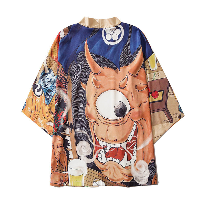 Mens Casual One-eyed Big Cow Print Japanese Sleeve Shirt