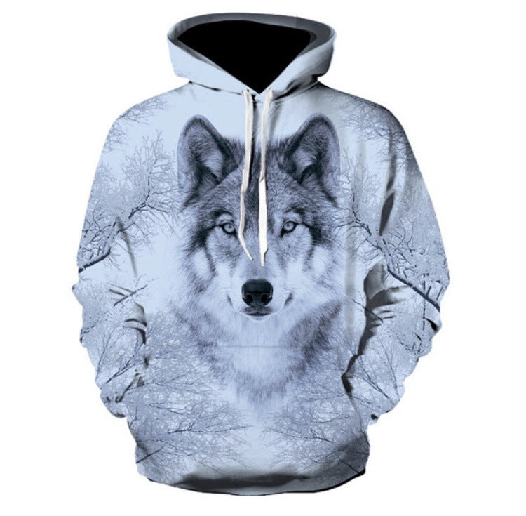 Digital Printing A Cool Wolf Hooded 3D Long-sleeved Sweater Trend