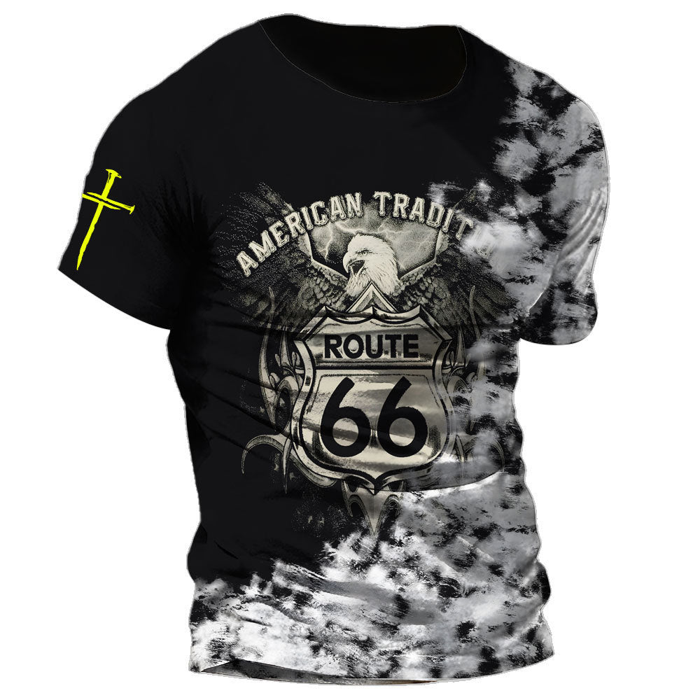 European And American New Hip Hop Style American Highway 66 3D Digital Printing Pattern T-shirt Street Trend Casual T-shirt