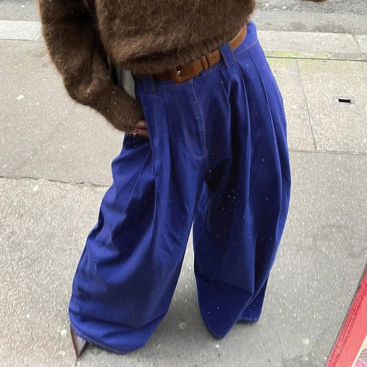 Double-pocket Blue Wide-leg Pants