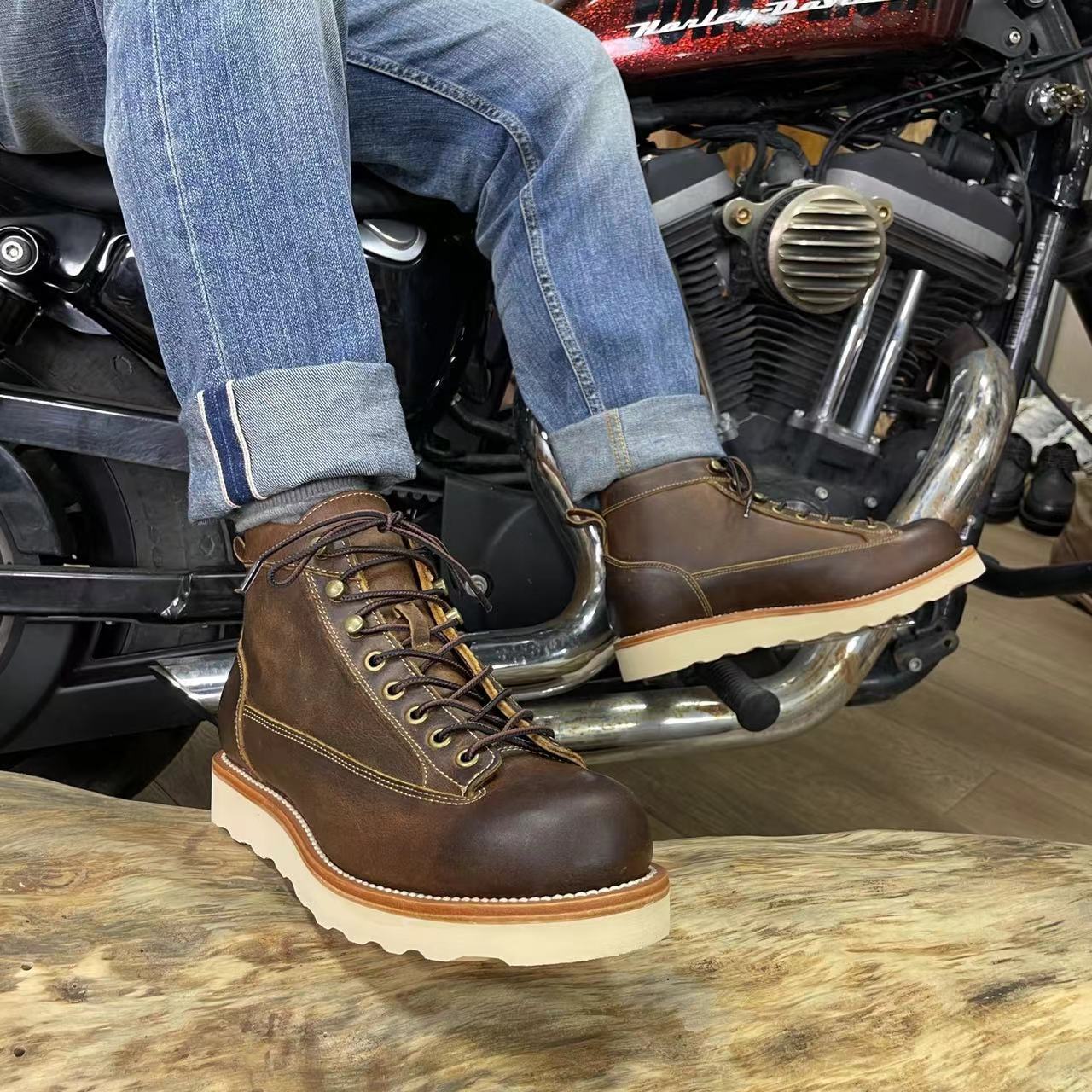 Retro Style Worker Boot Men's High-top Leather Motorcycle Boots